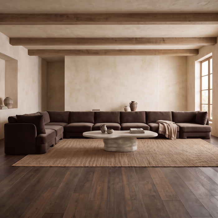 Meridian Furniture Hammond velvet performance fabric 8-piece L-shaped sectional sofa in neutral tones, showing plush upholstery and modern design.