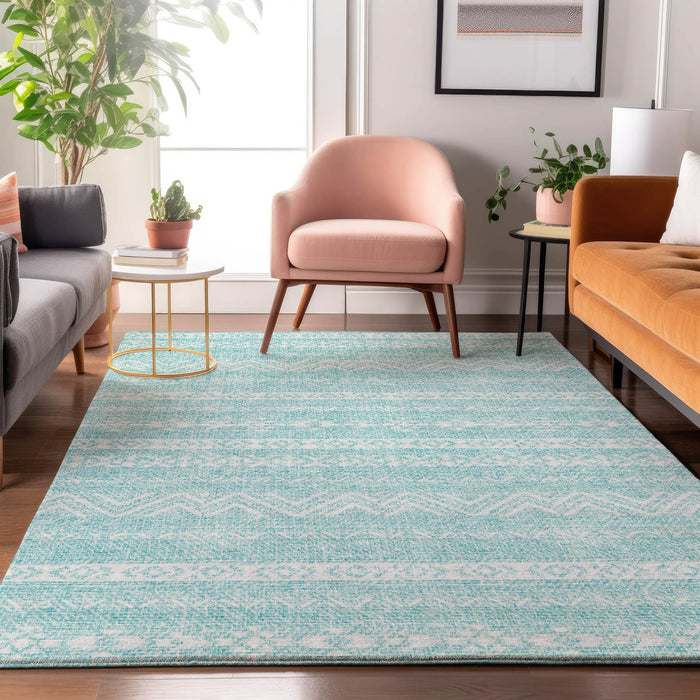 10' X 14' Southwestern Washable Area Rug With UV Protection - Teal / Ivory