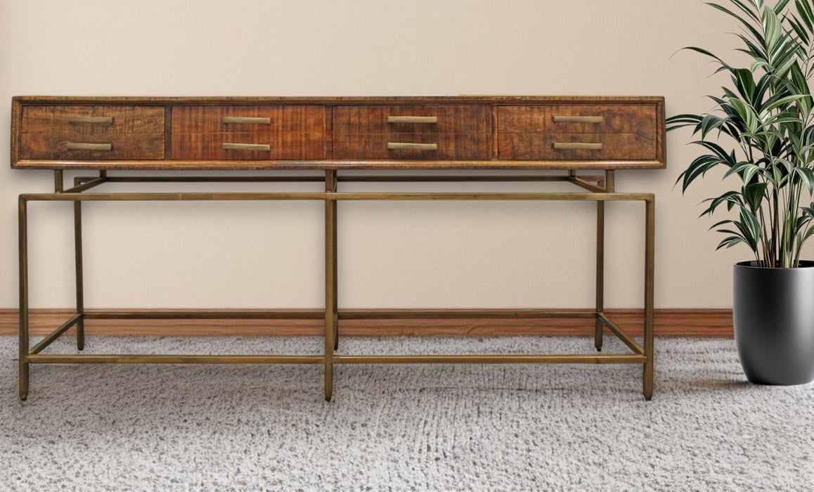 72" Solid Wood Distressed Frame Console Table With Storage - Brown And Brass