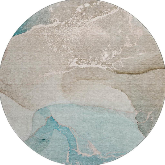 8' Abstract Washable Round Rug With UV Protection (647215) - Teal / Beige / Ivory