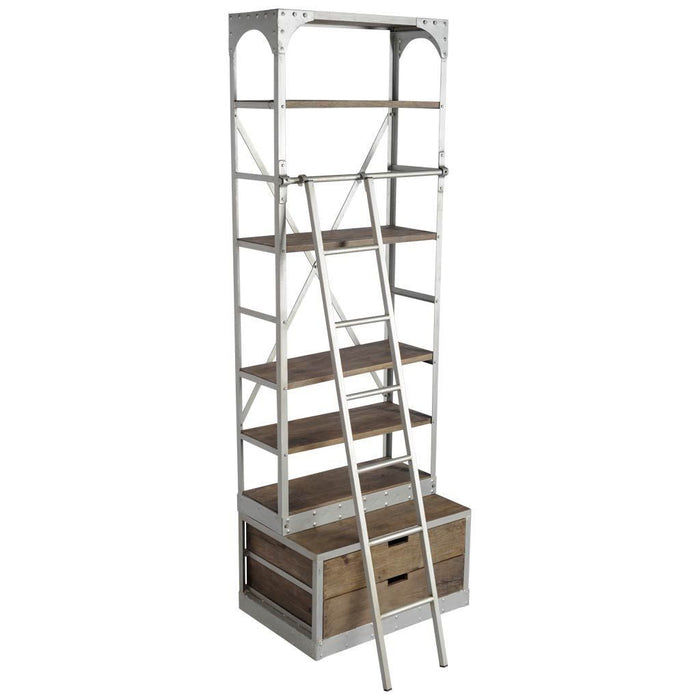 Five Tier Library Bookcase With Two Drawers - Light Brown / Nickel