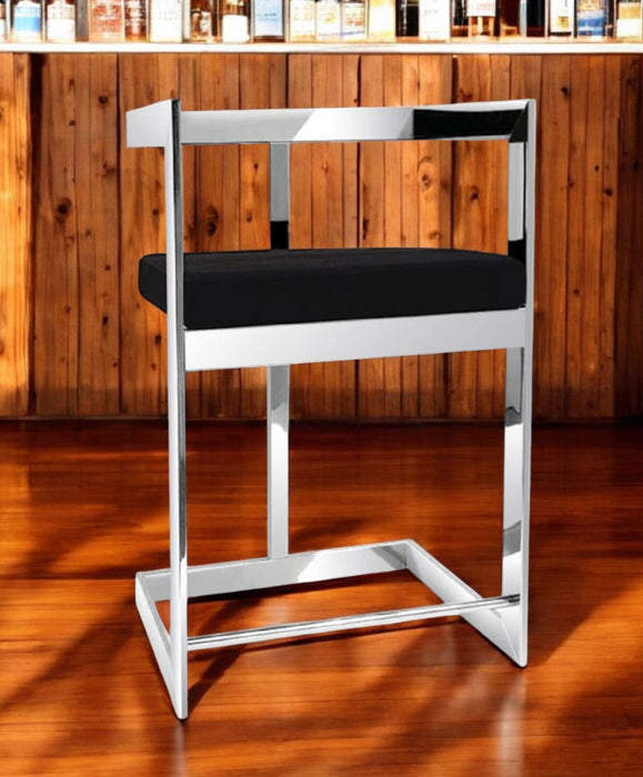 Velvet And Stainless Steel Low Back Bar Height Bar Chair - Black And Silver