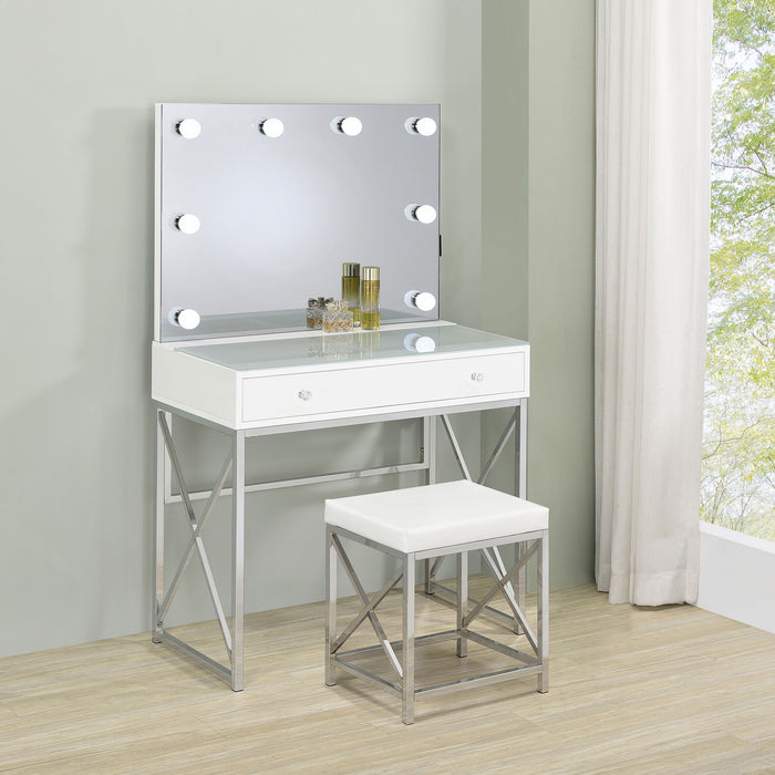White CoasterEveryday Eliza Vanity Set with built-in lighting and matching stool, featuring chrome accents and a spacious tabletop.