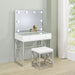 White CoasterEveryday Eliza Vanity Set with built-in lighting and matching stool, featuring chrome accents and a spacious tabletop.