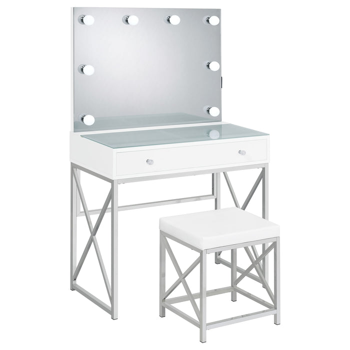 White Eliza vanity set with built-in lighting, mirror, and chrome accents, includes matching stool, by CoasterEveryday.
