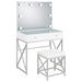 White Eliza vanity set with built-in lighting, mirror, and chrome accents, includes matching stool, by CoasterEveryday.