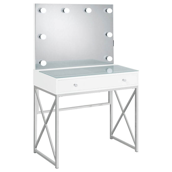 Eliza vanity set with white finish, chrome accents, illuminated mirror, and matching stool, designed for stylish bedroom decor.