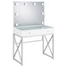 Eliza vanity set with white finish, chrome accents, illuminated mirror, and matching stool, designed for stylish bedroom decor.