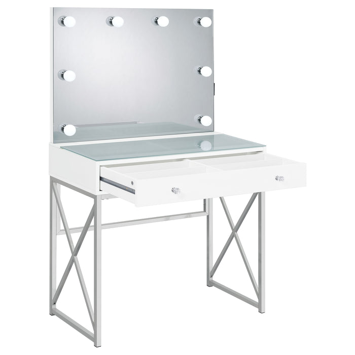 White Eliza vanity set with built-in lighting, chrome accents, and matching stool, designed for elegant bedroom furniture.