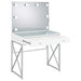 White Eliza vanity set with built-in lighting, chrome accents, and matching stool, designed for elegant bedroom furniture.