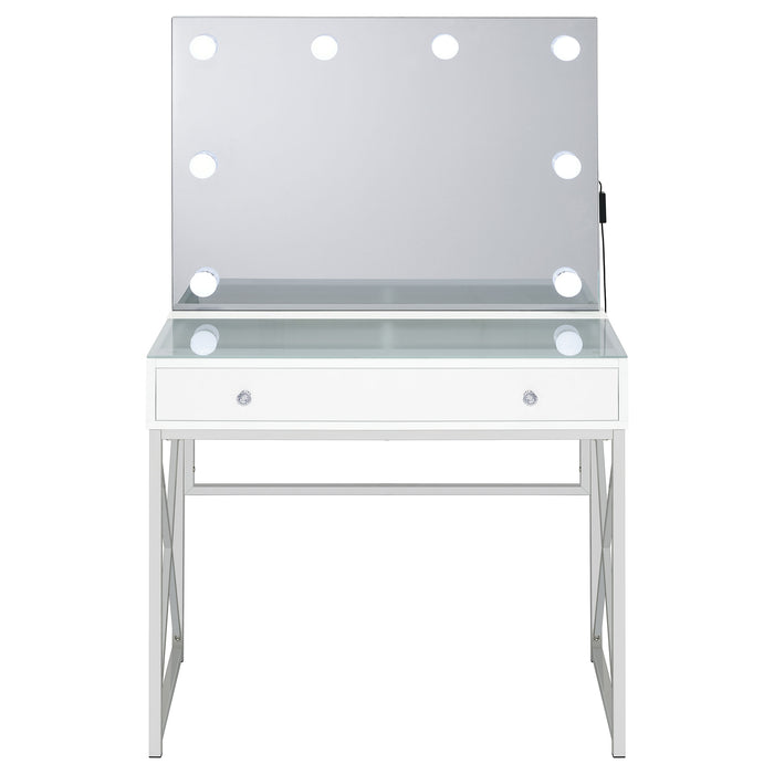CoasterEveryday Eliza vanity set with white finish, chrome accents, built-in lighting, and matching stool, showcasing the furniture and mirror.
