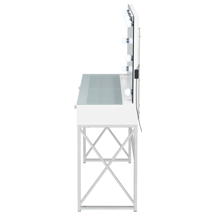 White Eliza vanity set with built-in lighting, mirror, and chrome accents, includes matching stool, by CoasterEveryday.