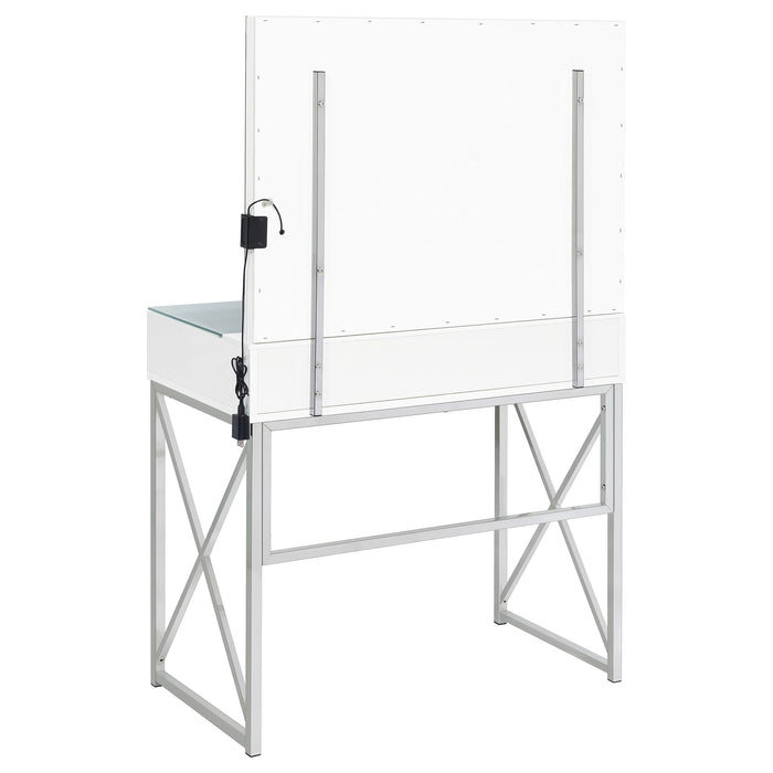 White Eliza vanity set with built-in lighting, matching stool, and chrome accents, featuring a spacious tabletop and mirror.