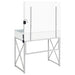 White Eliza vanity set with built-in lighting, matching stool, and chrome accents, featuring a spacious tabletop and mirror.
