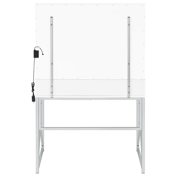 White CoasterEveryday Eliza vanity set with built-in lighting, mirror, and matching stool, featuring chrome accents.