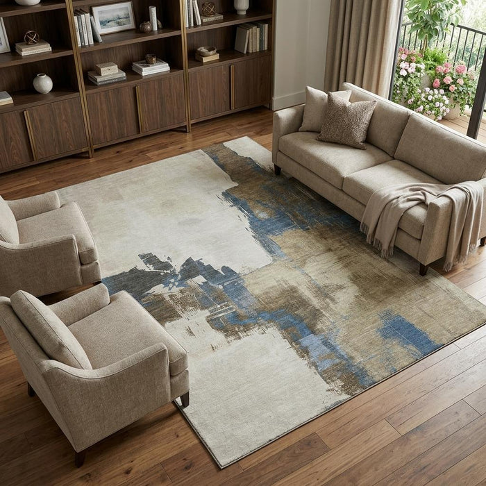 10' X 14' Abstract Washable Area Rug With UV Protection (693036) - Beige / Blue / Ivory