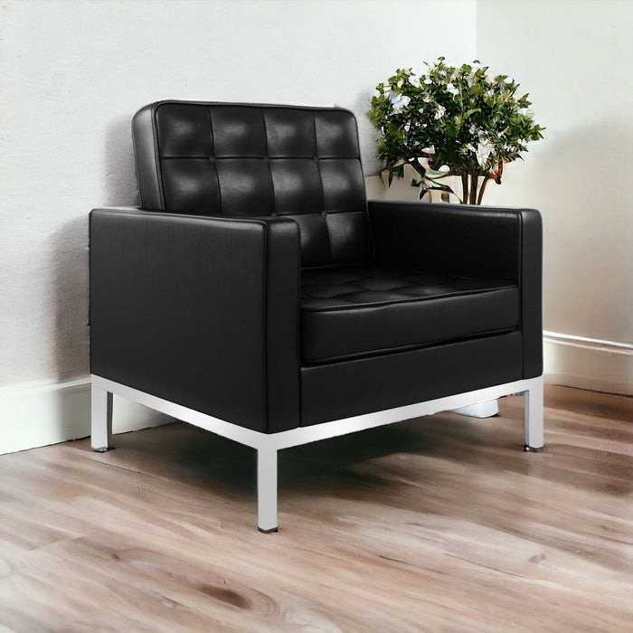 Italian Leather Tufted Arm Chair - Black And Silver