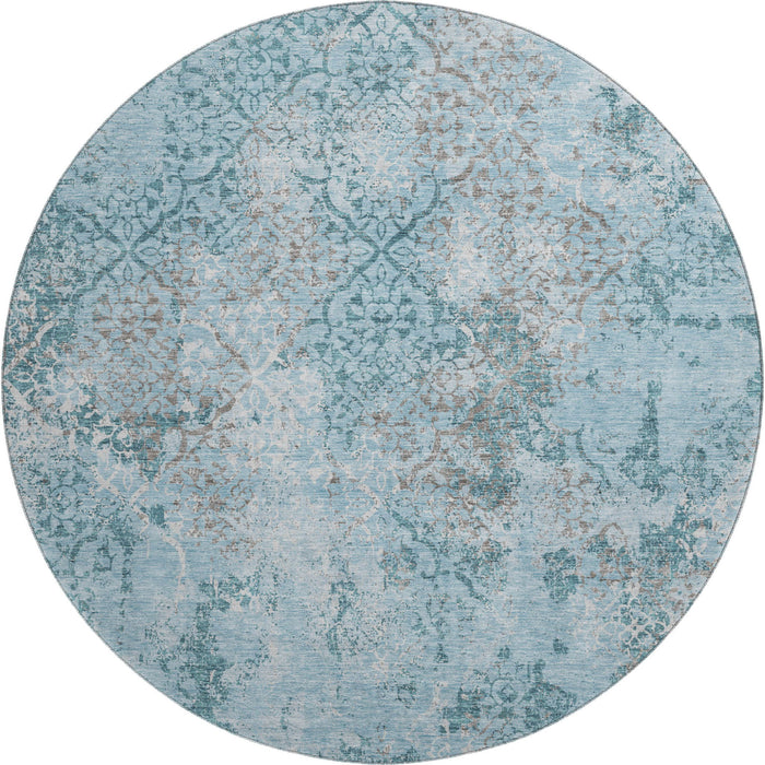 8' Transitional Transitional Abstract Washable Round Rug With UV Protection - Teal