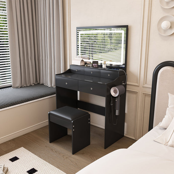 Modern Giga makeup vanity set with adjustable lighting, power outlet, and hair dryer holder, featuring a sleek mirror and storage.