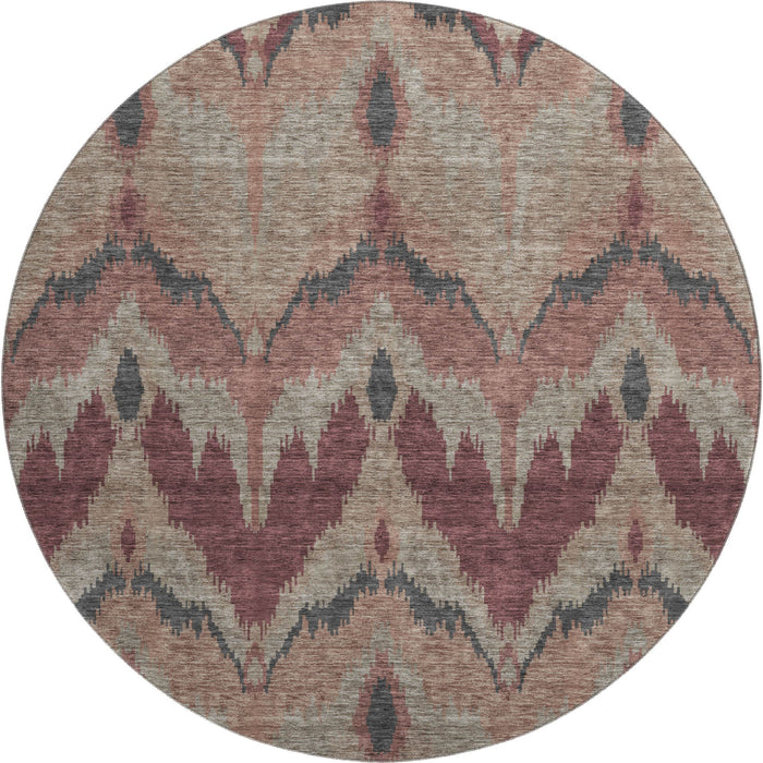 8' Ikat Washable Round Rug With UV Protection - Burgundy