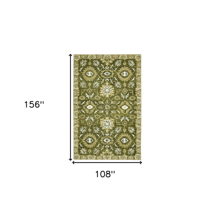 9' X 13' Wool Floral Medallion Hand Hooked Area Rug - Olive Green
