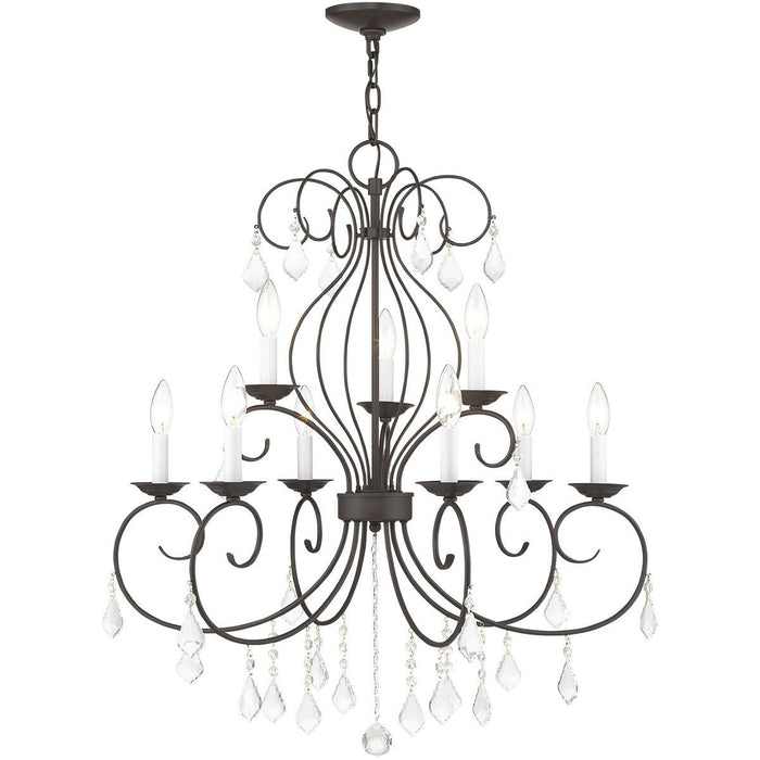 Nine Light Metal Dimmable Chandelier With Shades - Bronze / Clear
