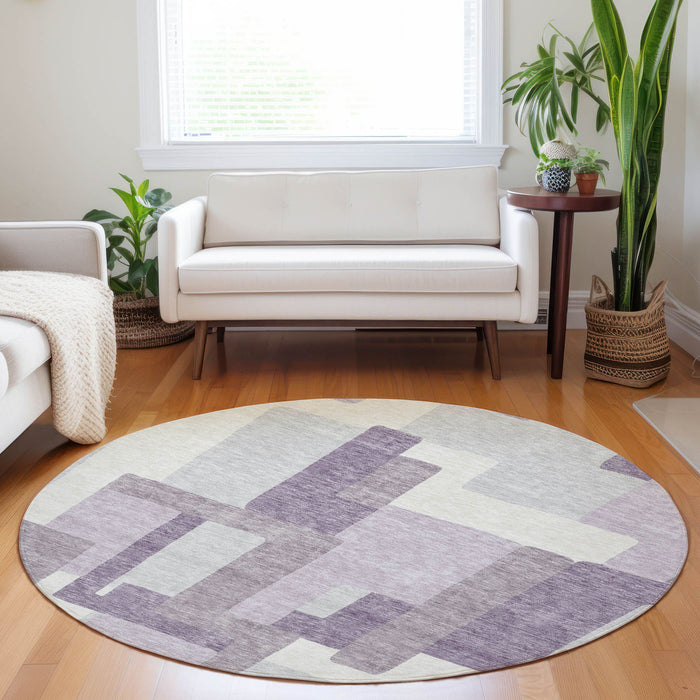 8' Abstract Geometric Washable Round Rug With UV Protection - Lavender / Ivory