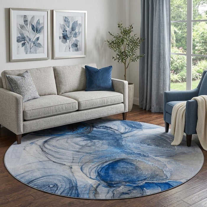 8' Abstract Washable Round Rug With UV Protection (647035) - Navy Blue / Ivory