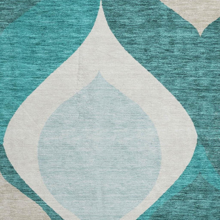 8' Ogee Washable Round Rug With UV Protection - Teal And Ivory