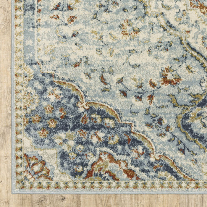 8' x 10' Oriental Power Loom Stain Resistant Area Rug - Blue Beige Rust Gold And Teal