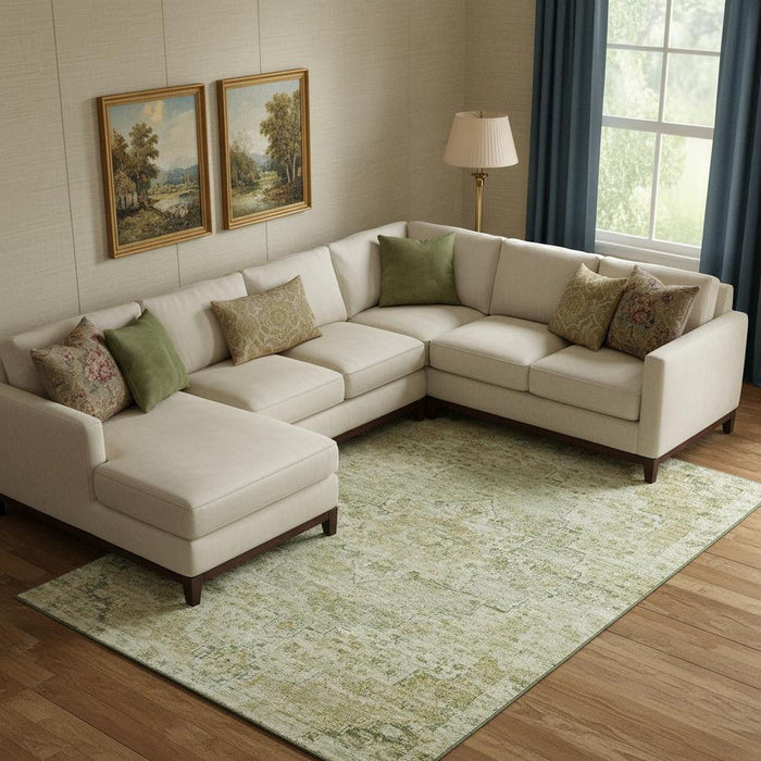 10' X 14' Floral Medallion Washable Area Rug With UV Protection (705089) - Sage / Wheat