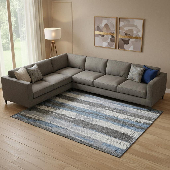 10' X 14' Striped Washable Area Rug With UV Protection (706421) - Denim Blue / Gray