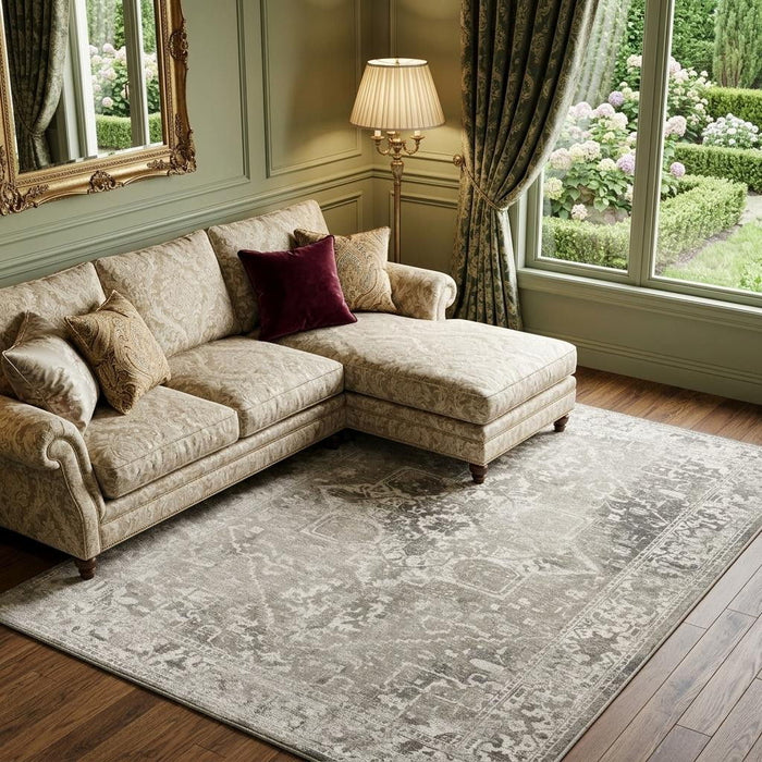 9' X 13' Tribal Washable Area Rug With UV Protection (610044) - Gray / Beige