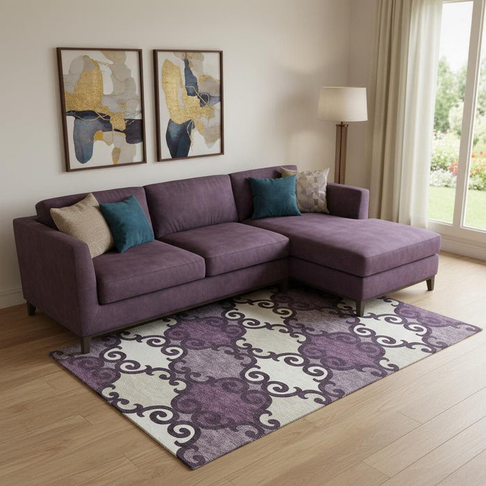 10' X 14' Trellis Washable Area Rug With UV Protection (670177) - Eggplant / Beige / Ivory
