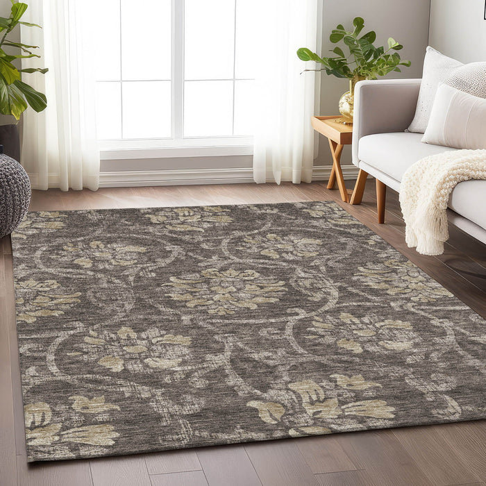 10' X 14' Floral Washable Area Rug With UV Protection - Brown