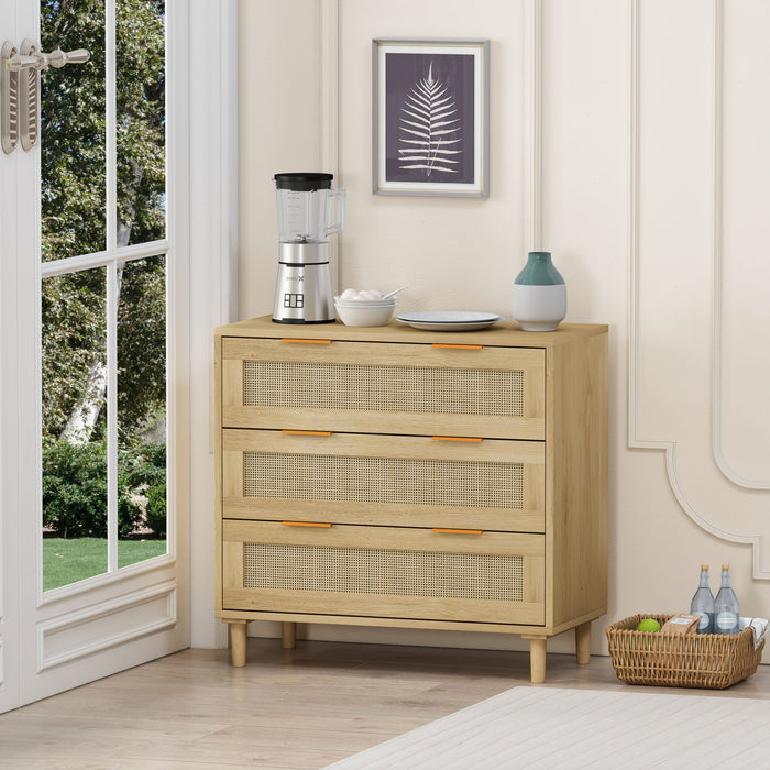 Giga oak storage cabinet with three drawers featuring rattan fronts, ideal for bedroom or living room storage.