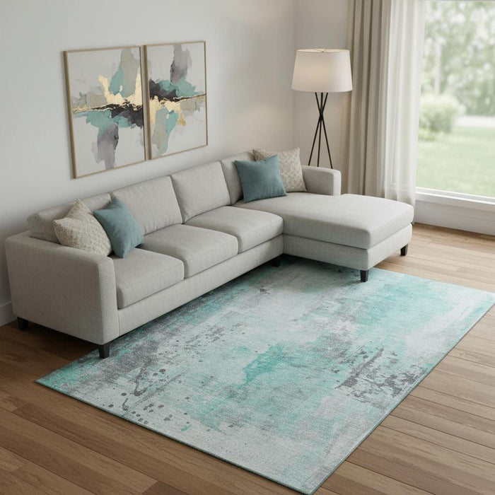 10' X 14' Abstract Washable Area Rug With UV Protection (705419) - Teal / Gray / Ivory
