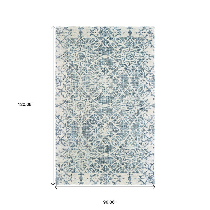 8' X 10' Wool Geometric Hand Tufted Area Rug - Blue And Ivory