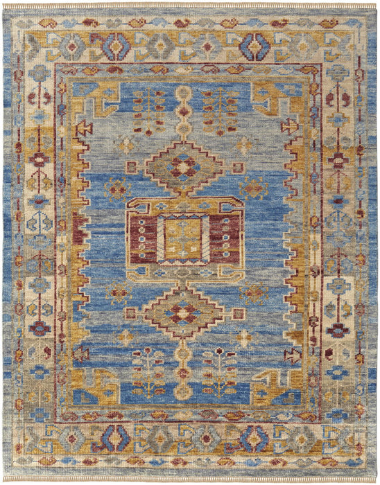 8' x 10' Wool Geometric Hand Knotted Area Rug With Fringe - Blue Red And Yellow
