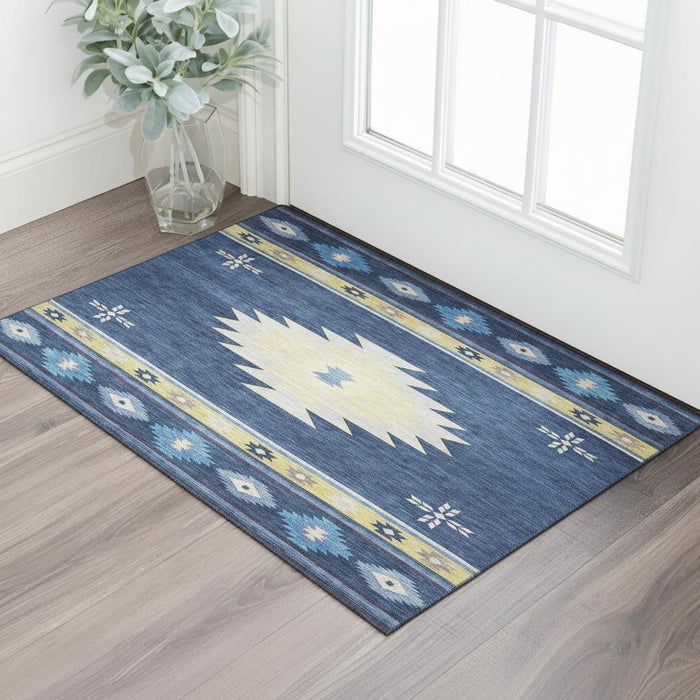 3' X 5' Geometric Washable Area Rug With UV Protection (645679) - Blue / Ivory / Gold