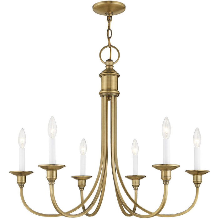 Six-light metal chandelier with shades in antiqued brass finish, dimmable design, perfect for modern and vintage-inspired interiors.