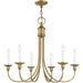 Six-light metal chandelier with shades in antiqued brass finish, dimmable design, perfect for modern and vintage-inspired interiors.