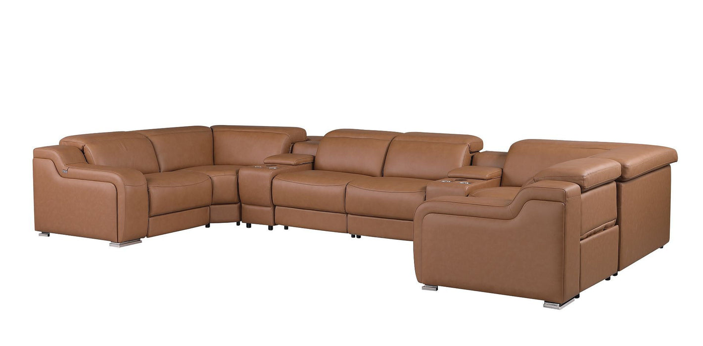 Italian Leather Power Reclining U-Shaped 8 Piece Corner Sectional With Console - Chestnut