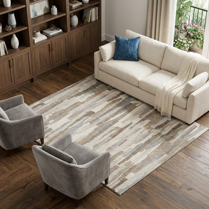 10' X 14' Striped Washable Area Rug With UV Protection (692940) - Ivory / Gray / Brown