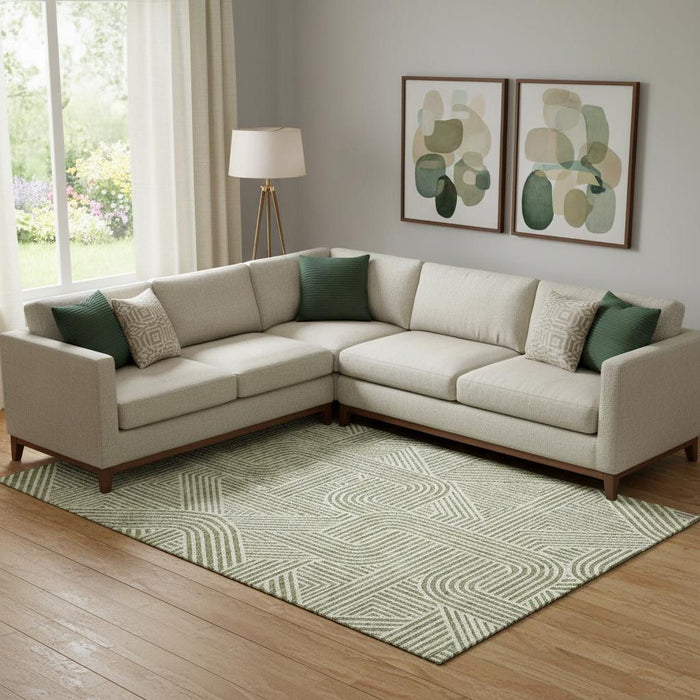 10' X 14' Abstract Geometric Washable Area Rug With UV Protection (672875) - Artichoke Green / Ivory
