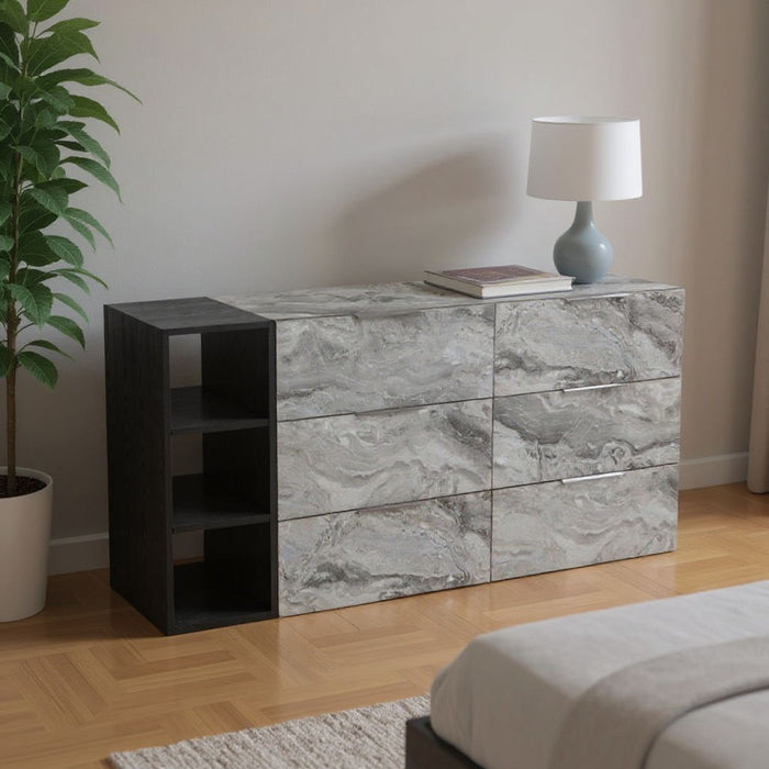 Faux Marble And Black Wood Six Drawer Double Dresser - Gray