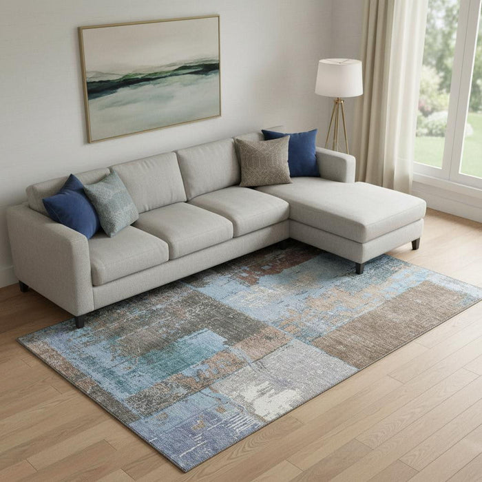 10' X 14' Abstract Washable Area Rug With UV Protection (706247) - Taupe / Blue / Ivory