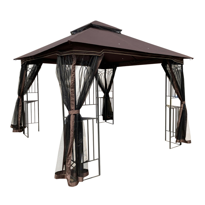 Giga patio gazebo tent with ventilated double roof and mosquito net, providing shaded outdoor shelter with insect protection.