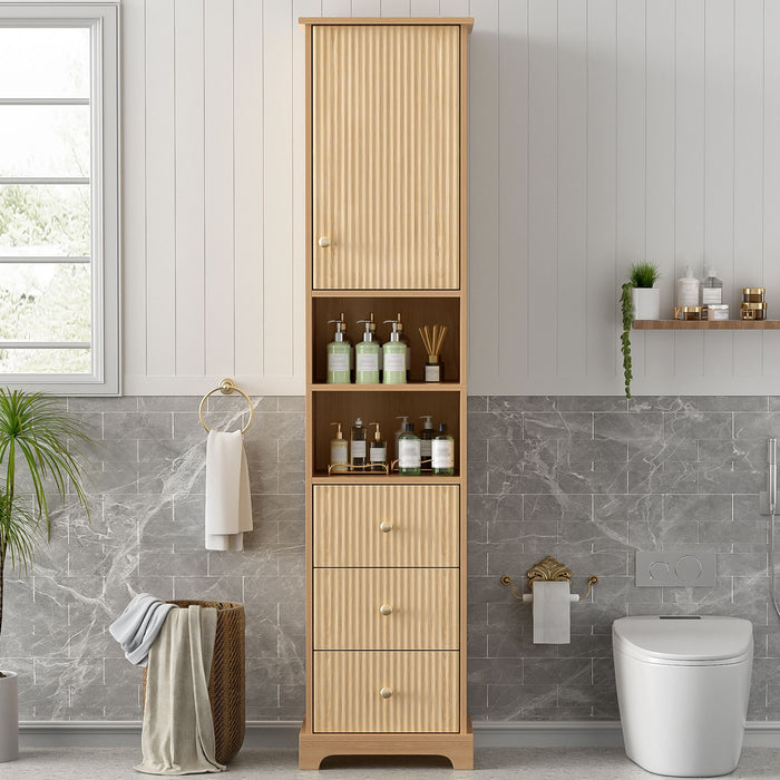 Wood tall bathroom linen cabinet with one door, three drawers, and open storage from Giga, featuring a stylish and functional design.