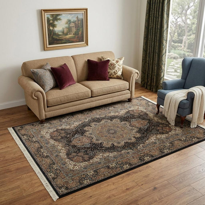 5' X 8' Medallion Area Rug With Fringe (574463) - Dark Blue / Black / Teal